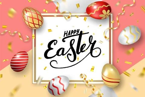 Happe Easter background, lettering, eggs. Greeting Easter 3D card. Gold decor 스톡 일러스트