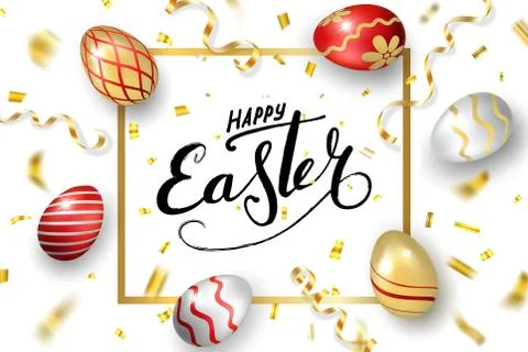 Happe Easter background, lettering, eggs. Greeting Easter 3D card. Gold decor Stock Illustration