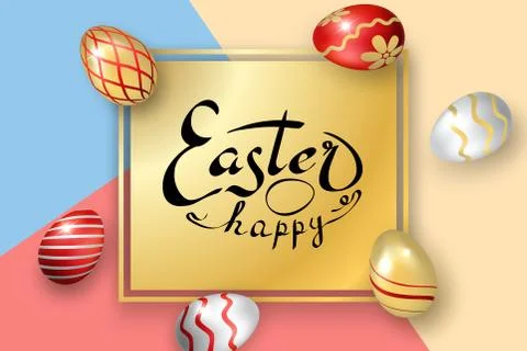 Happe Easter background, lettering, eggs. Greeting Easter 3D card. Gold decor 스톡 일러스트
