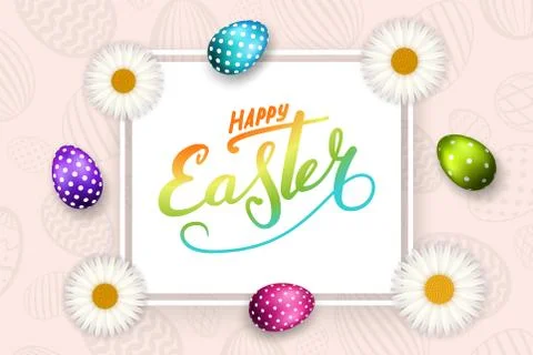 Happe Easter background, lettering, eggs. Greeting Easter 3D card. Gold decor 스톡 일러스트
