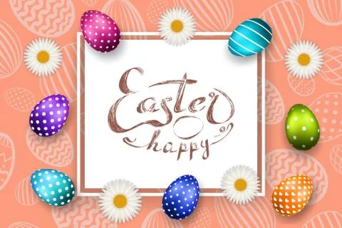Happe Easter background, lettering, eggs. Greeting Easter 3D card. Gold decor Stock Illustration