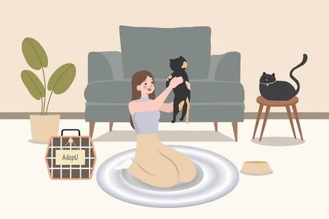 Happily cuddling beloved cat, Experiencing joy and comfort of pet ownership, Pet Stock Illustration