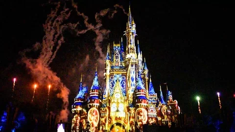 Happily Ever After is Spectacular fireworks show at Cinderellas Castle 2 Stock Footage