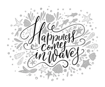 Happiness cpmes in waves. Vector lettering card. Stock Illustration