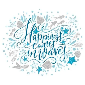 Happiness cpmes in waves. Vector lettering card. Stock Illustration
