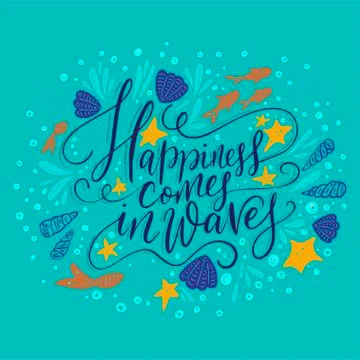 Happiness cpmes in waves. Vector lettering card. Stock Illustration