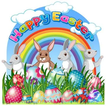 Happpy Easter Poster with Rabbits and Colourful eggs in a Grassy Field 库存插图
