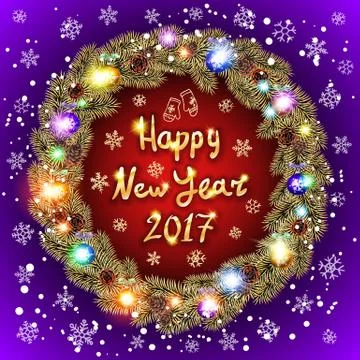 Happy 2017 New Year text for greeting card. Golden and silver ornaments wit.. Stock Illustration