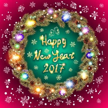 Happy 2017 New Year text for greeting card. Golden and silver ornaments wit.. Stock Illustration