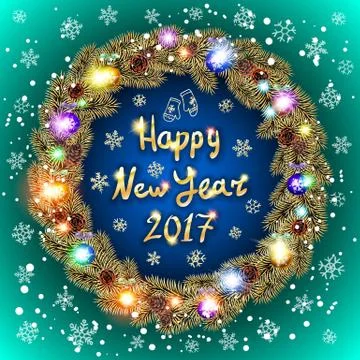 Happy 2017 New Year text for greeting card. Golden and silver ornaments wit.. Stock Illustration