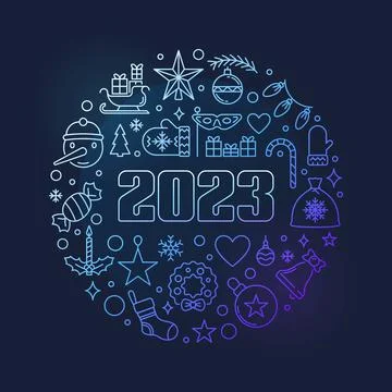 Happy 2023 New Year vector round outline blue concept banner Stock Illustration