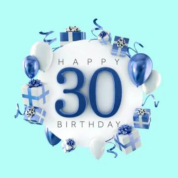 Happy 30th birthday party composition with balloons and presents. 3D Render 스톡 일러스트