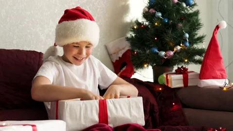 Happy adorable boy opening his Christmas present with soft toys. Stock Footage 164591237