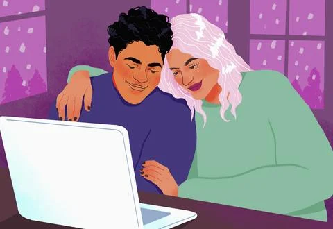 Happy, affectionate couple using laptop and hugging at home 库存插图