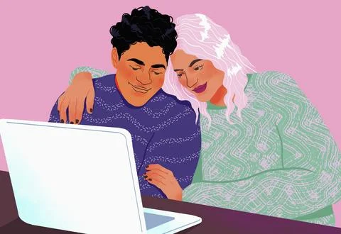 Happy, affectionate couple using laptop together 库存插图