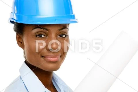 Happy african american business woman architect holding blueprint isolated on Stock Photos