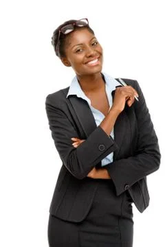 Happy african american businesswoman holding pen white background Stock Photos
