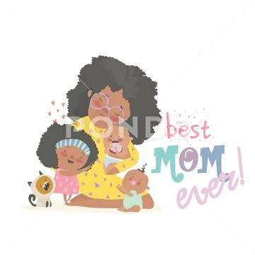 Happy african-american woman sitting with her children. Mothers Day Stock Illustration