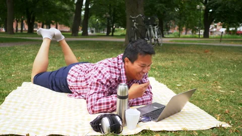 Happy Aisan man lying on mat and using laptop at the park. Watching series Stock Footage 172530367