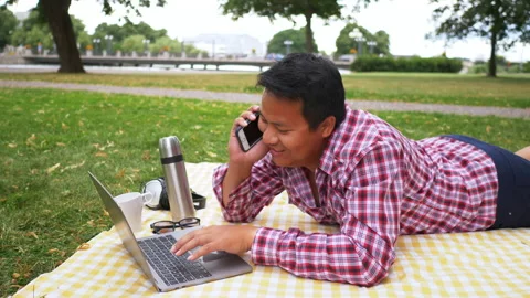 Happy Aisan man lying, working on laptop and having a call at the park Stock Footage 172537018