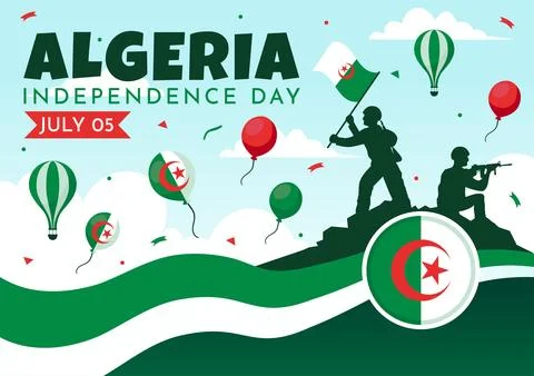 Happy Algeria Independence Day Vector Illustration with Waving Flag and Map.. Ilustración de archivo