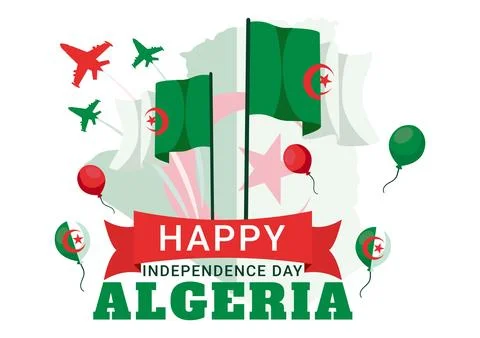 Happy Algeria Independence Day Vector Illustration with Waving Flag and Map.. Ilustración de archivo