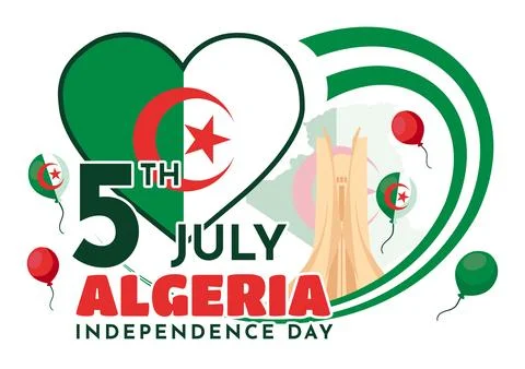 Happy Algeria Independence Day Vector Illustration with Waving Flag and Map.. Ilustración de archivo