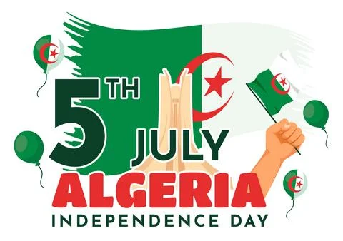 Happy Algeria Independence Day Vector Illustration with Waving Flag and Map.. Ilustración de archivo