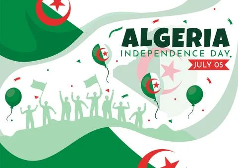 Happy Algeria Independence Day Vector Illustration with Waving Flag and Map.. Ilustración de archivo