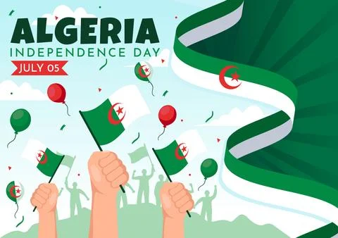 Happy Algeria Independence Day Vector Illustration with Waving Flag and Map.. Ilustración de archivo