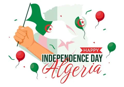 Happy Algeria Independence Day Vector Illustration with Waving Flag and Map.. Ilustración de archivo