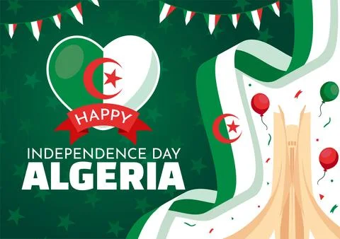 Happy Algeria Independence Day Vector Illustration with Waving Flag and Map.. Ilustración de archivo