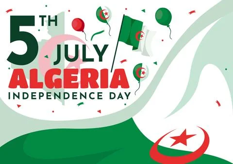 Happy Algeria Independence Day Vector Illustration with Waving Flag and Map.. Ilustración de archivo