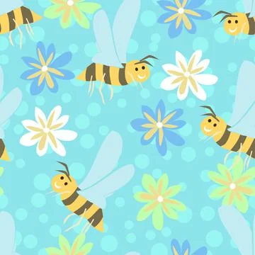 Happy And Cute Bee Vector Repeating Pattern With Flowers On Blue Stock Illustration
