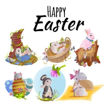 Happy and Cute Easter bunny sitting in basket with decorated Easter Eggs on Stock Illustration