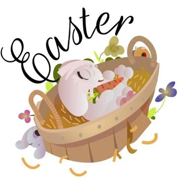 Happy and Cute Easter bunny sitting in basket with decorated Easter Eggs on Stock Illustration