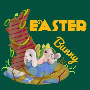 Happy and Cute Easter bunny sitting in basket with decorated Easter Eggs on Stock Illustration
