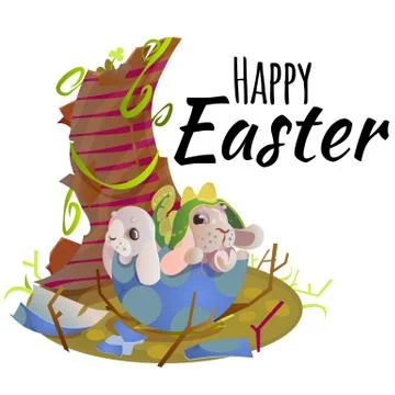 Happy and Cute Easter bunny sitting in basket with decorated Easter Eggs on Stock Illustration