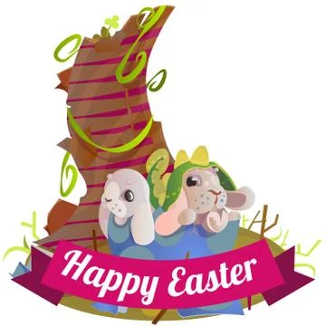 Happy and Cute Easter bunny sitting in basket with decorated Easter Eggs on Stock Illustration