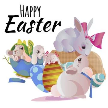 Happy and Cute Easter bunny sitting in basket with decorated Easter Eggs on Stock Illustration
