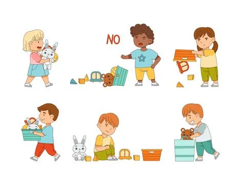 Happy and Grumpy Kids Playing Different Toys in the Nursery or Playroom Vector Stock Illustration