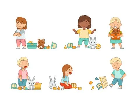 Happy and Grumpy Kids Playing Different Toys in the Nursery or Playroom Vector Stock Illustration