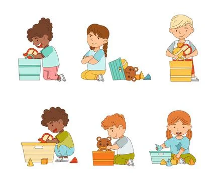 Happy and Grumpy Kids Playing Different Toys in the Nursery or Playroom Vector Stock Illustration