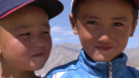 Happy and sad faces closeup of two caucasian kids, 4K, DNxHR Stock Footage 152253258