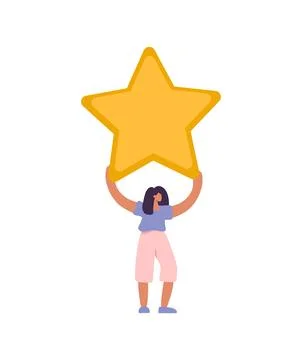 Happy and satisfied vector customer flat woman people is holding review star Ilustración de archivo