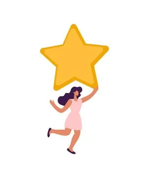 Happy and satisfied vector customer flat woman people is holding review star Ilustración de archivo