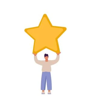 Happy and satisfied vector customer flat man people is holding review star over Ilustración de archivo