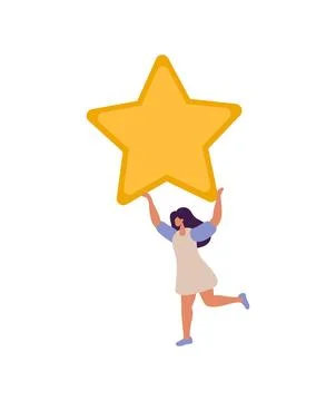 Happy and satisfied vector customer flat woman people is holding review star Ilustración de archivo