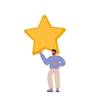 Happy and satisfied vector customer flat man people is holding review star over Ilustración de archivo