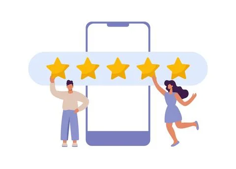 Happy and satisfied vector customer flat man and woman giving Five stars rating Ilustración de archivo